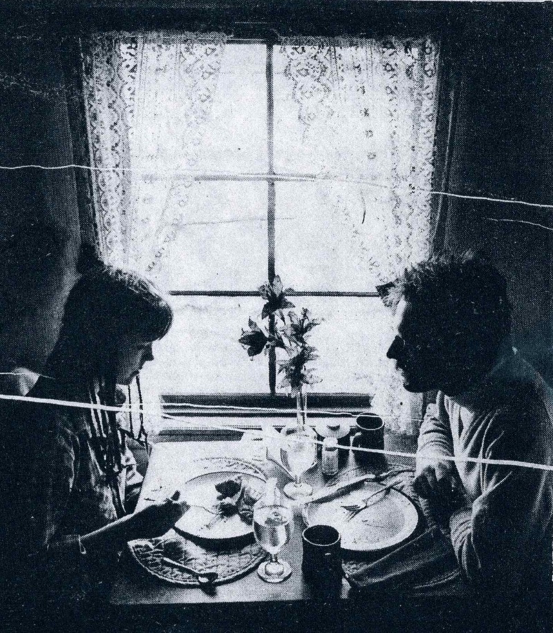 A newspaper photograph, creased: two people at lunch at a window table under lace curtains, a small vase of flowers between them.