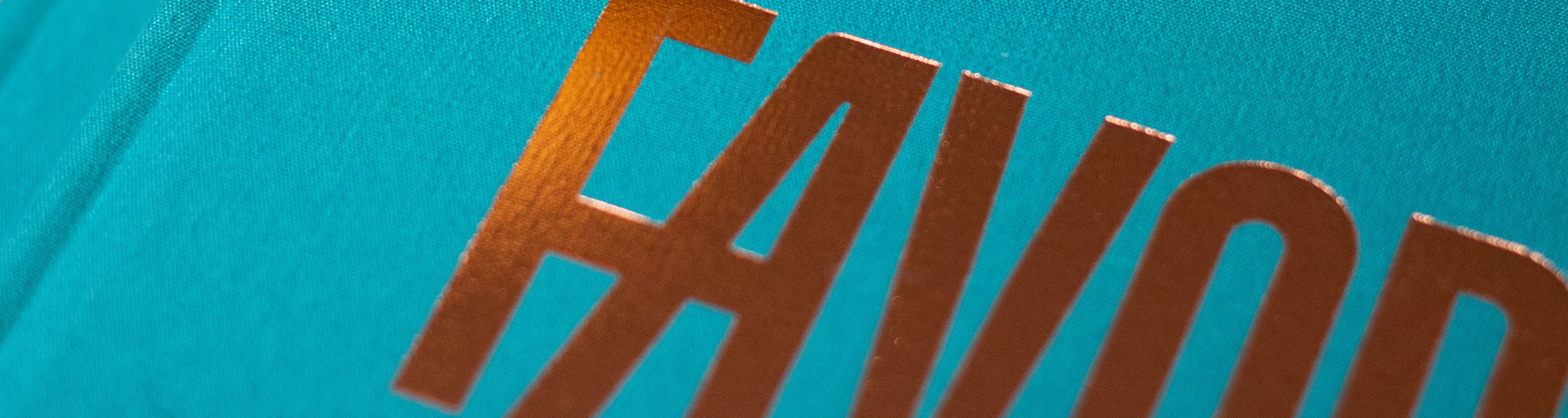 Very close on the cover of Favorite: copper foil letters pressed into turquoise linen.