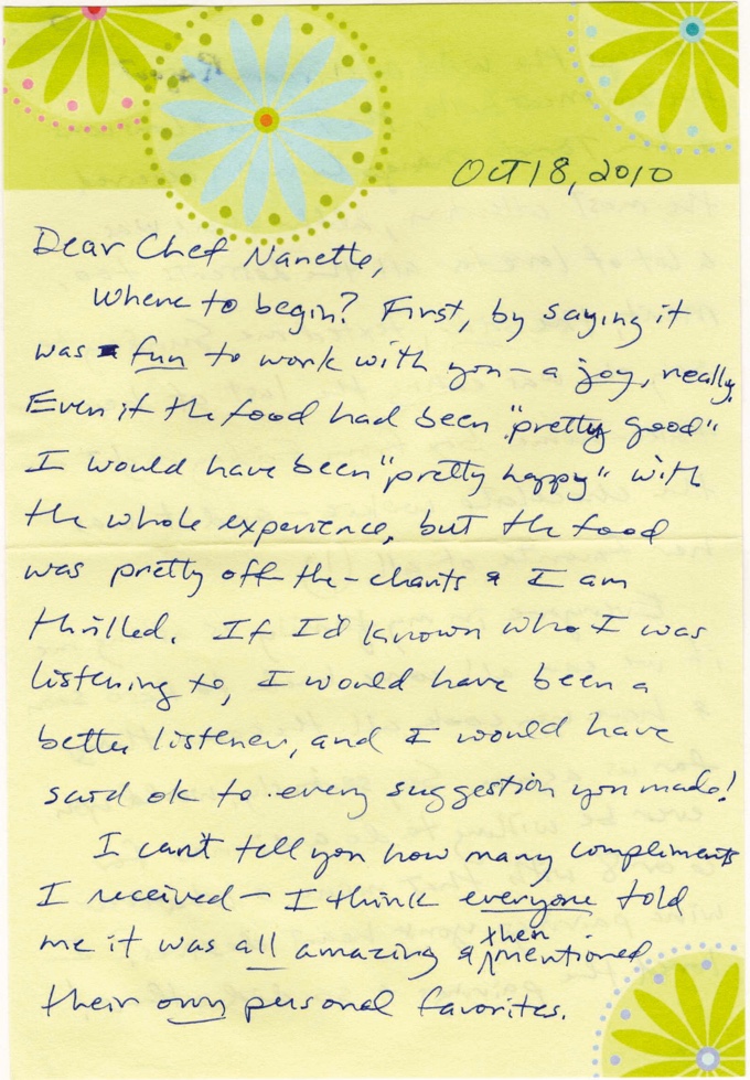 The first page of a card handwritten in blue ink on pale yellow paper printed with daisies, dated Oct 18, 2010, beginning Dear Chef Nanette.